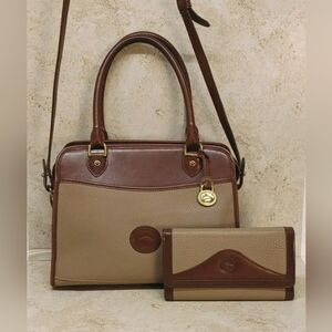 Vintage Dooney & Bourke Satchel Handbag Purse Beige Brown Matching Wallet